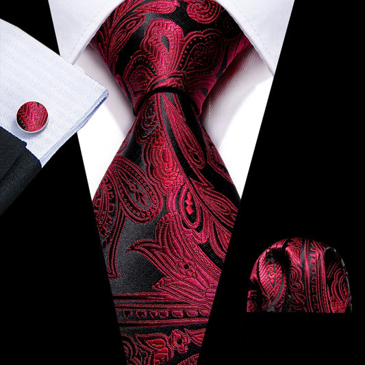 Red Black Paisley Silk Tie, Pocket Square and Cufflinks Set tie sets    - Sophisticated Gentlemen