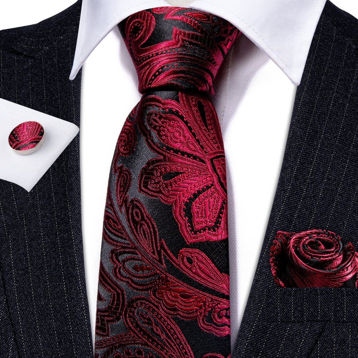 Red Black Paisley Silk Tie, Pocket Square and Cufflinks Set tie sets    - Sophisticated Gentlemen