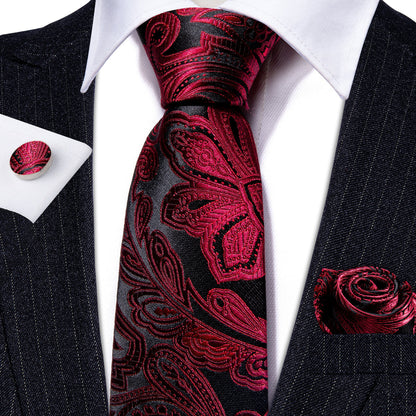 Red Black Paisley Silk Tie, Pocket Square and Cufflinks Set tie sets    - Sophisticated Gentlemen