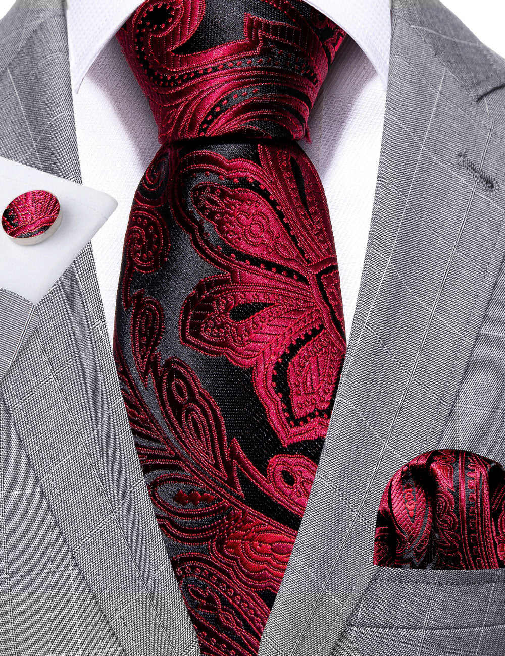 Red Black Paisley Silk Tie, Pocket Square and Cufflinks Set tie sets    - Sophisticated Gentlemen