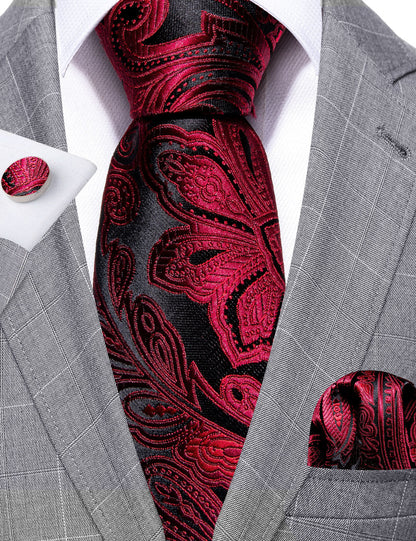 Red Black Paisley Silk Tie, Pocket Square and Cufflinks Set tie sets    - Sophisticated Gentlemen