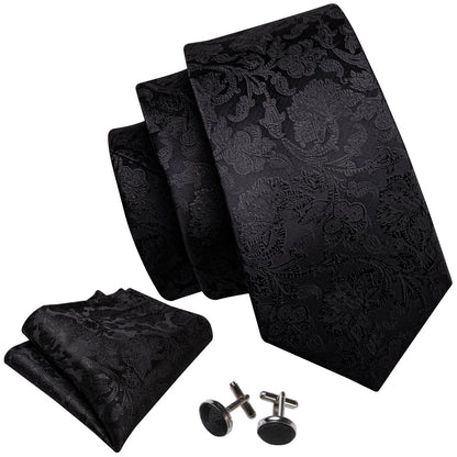 Dark Floral Silk XL Tie, Pocket Square and Cufflinks tie sets    - Sophisticated Gentlemen