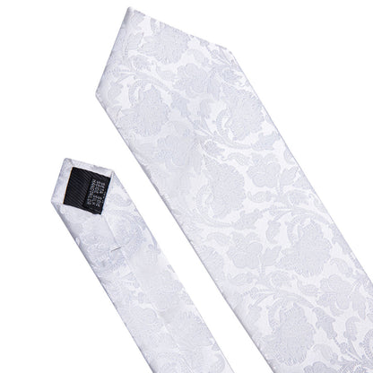 White Floral Silk XL Tie, Pocket Square and Cufflinks tie sets    - Sophisticated Gentlemen