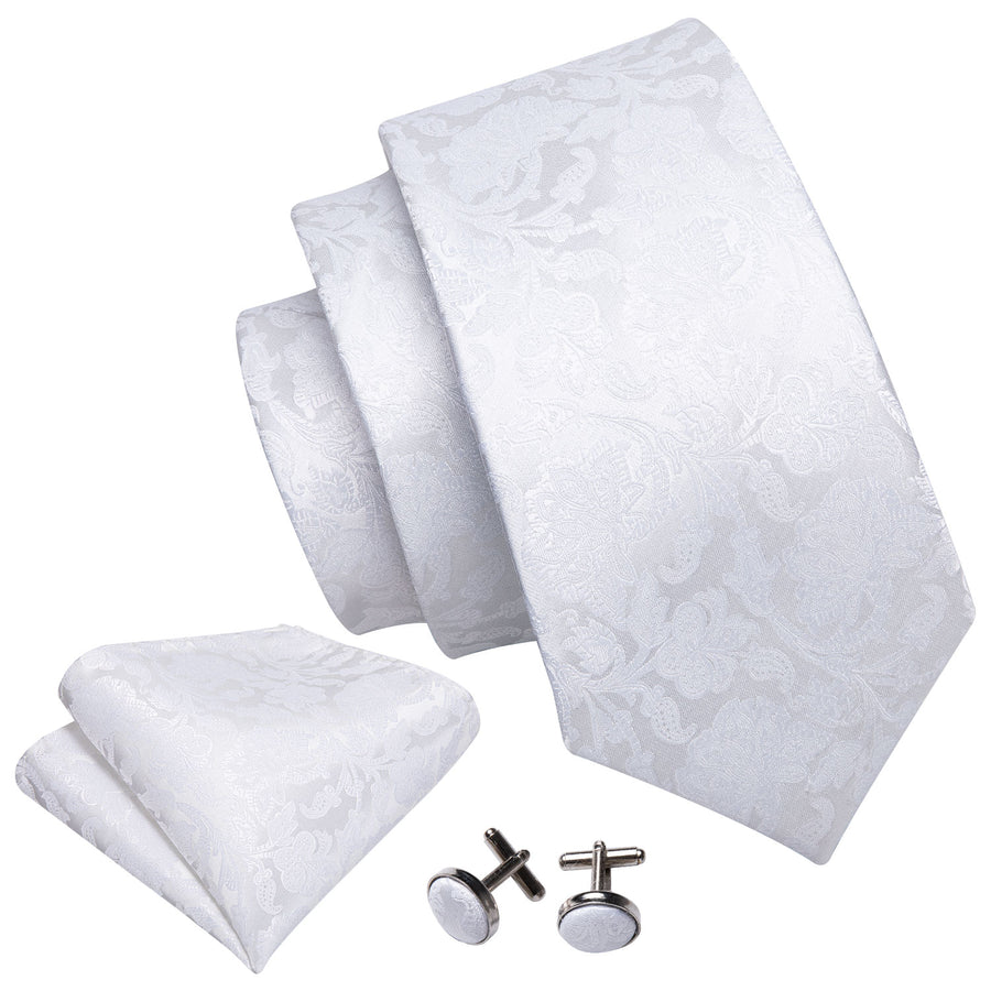White Floral Silk XL Tie, Pocket Square and Cufflinks tie sets    - Sophisticated Gentlemen