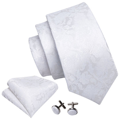 White Floral Silk XL Tie, Pocket Square and Cufflinks tie sets    - Sophisticated Gentlemen