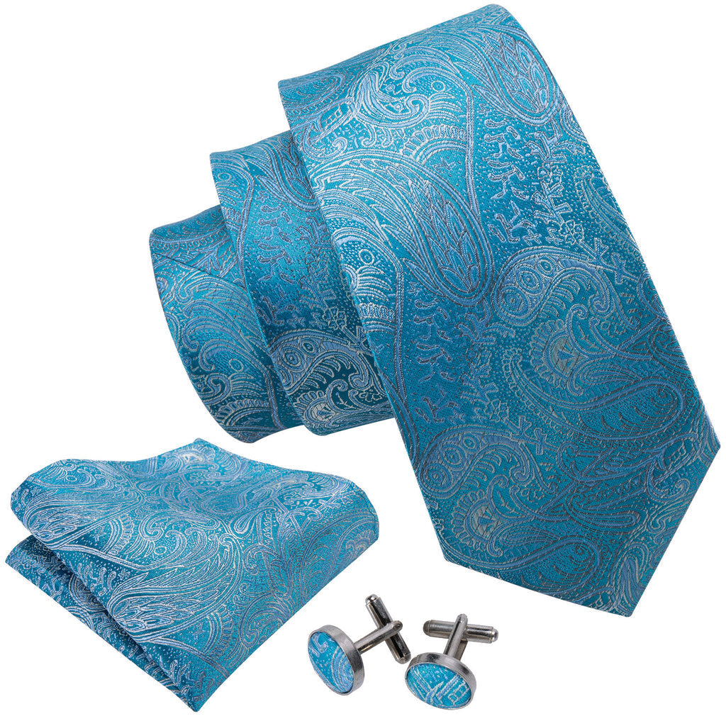 Sky Blue Paisley Silk Tie, Pocket Square and Cufflinks Set tie sets    - Sophisticated Gentlemen