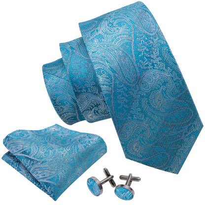 Sky Blue Paisley Silk Tie, Pocket Square and Cufflinks Set tie sets    - Sophisticated Gentlemen