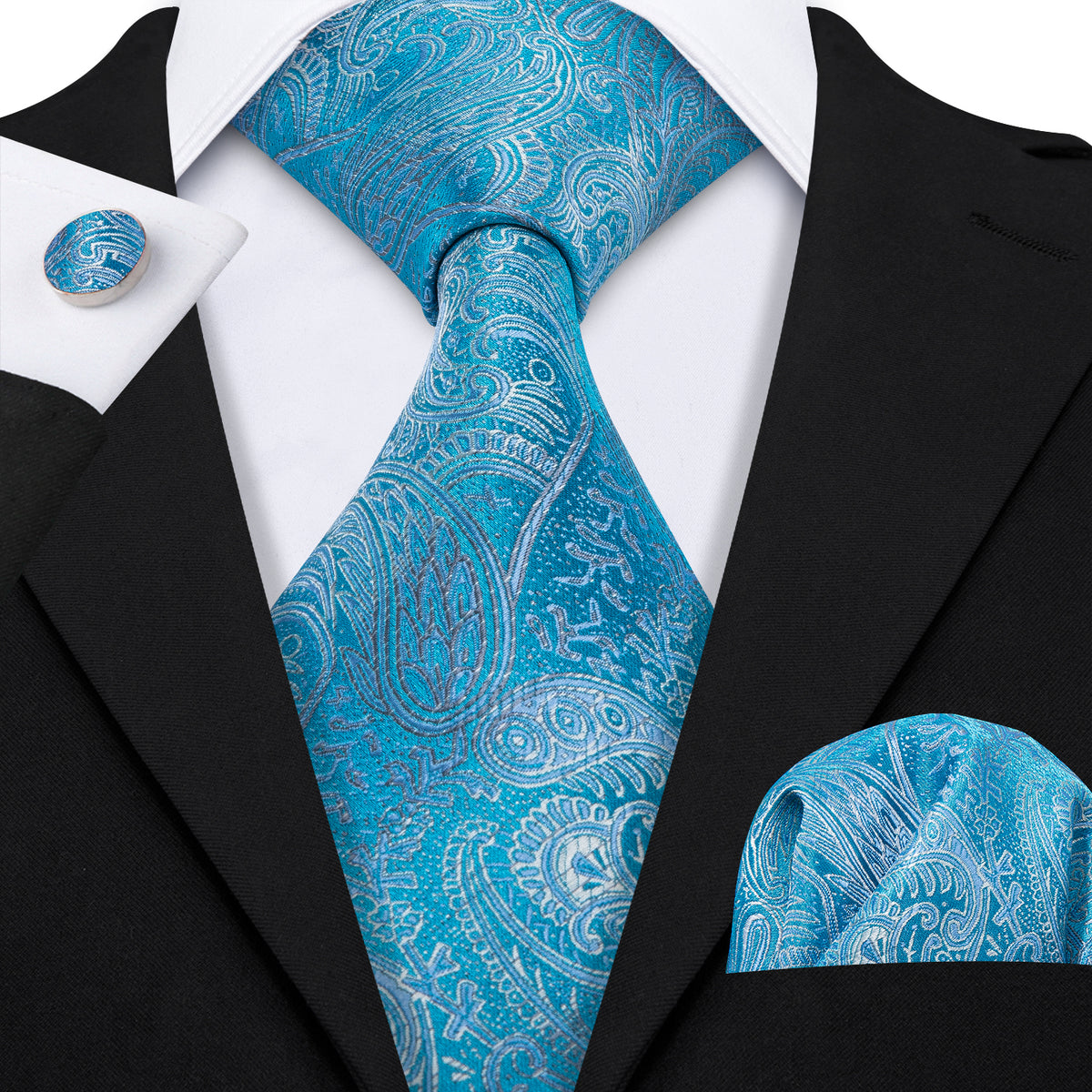 Sky Blue Paisley Silk Tie, Pocket Square and Cufflinks Set tie sets    - Sophisticated Gentlemen