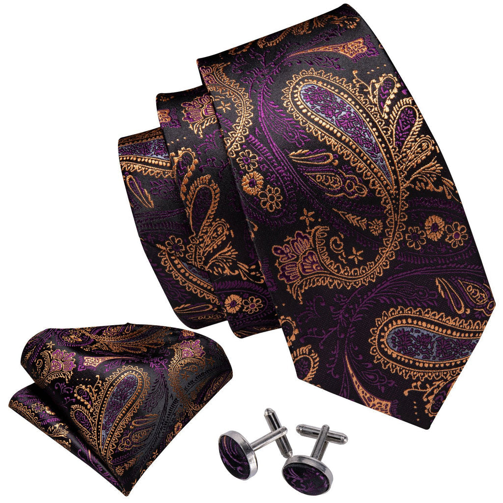 Classic Yellow Purple Black Paisley Tie, Pocket Square and Cufflinks Set with Lapel Pin Brooch tie sets    - Sophisticated Gentlemen