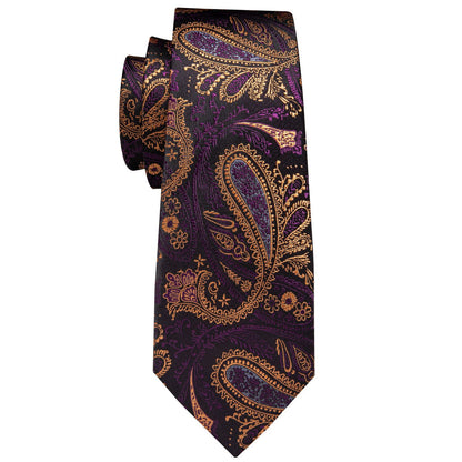 Classic Yellow Purple Black Paisley Tie, Pocket Square and Cufflinks Set with Lapel Pin Brooch tie sets    - Sophisticated Gentlemen