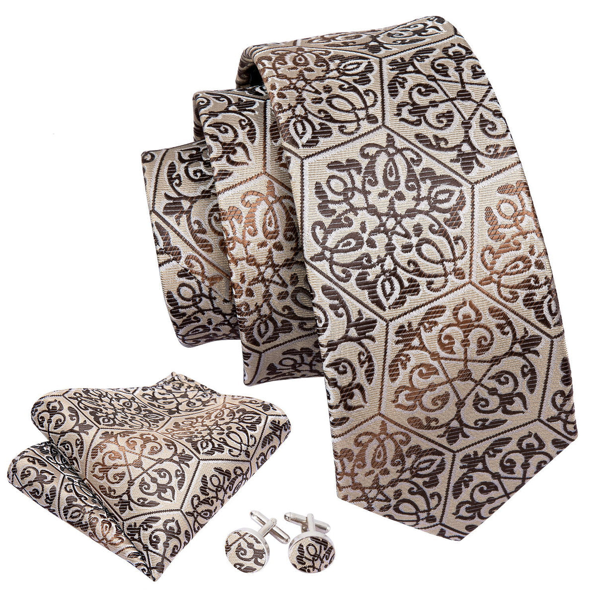 Golden Champagne Floral Silk Tie, Pocket Square and Cufflinks Set tie sets    - Sophisticated Gentlemen
