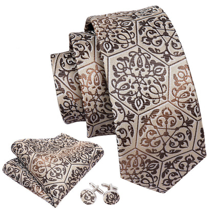 Golden Champagne Floral Silk Tie, Pocket Square and Cufflinks Set tie sets    - Sophisticated Gentlemen