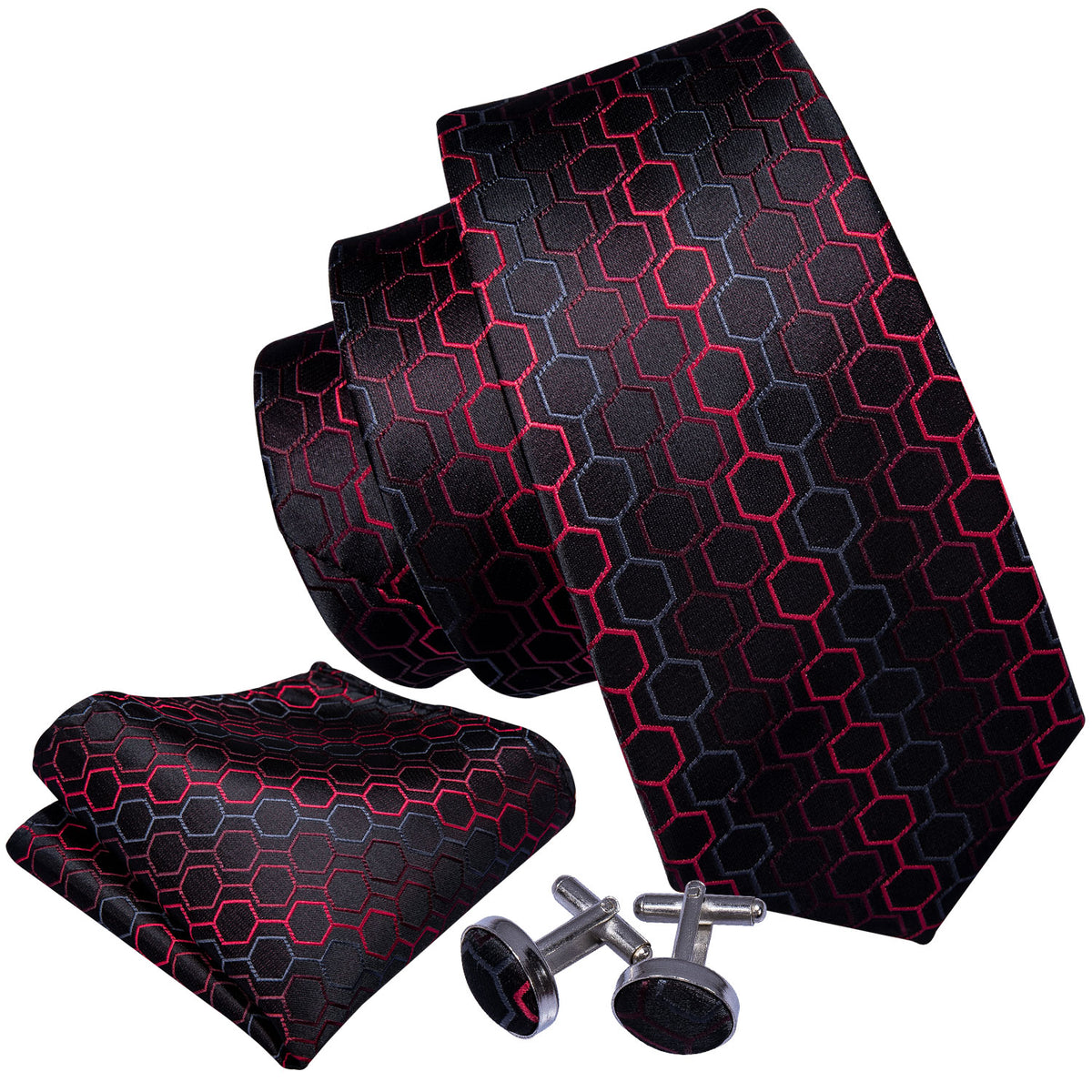Black Red Geometric Plaid Silk Tie, Pocket Square and Cufflinks Set tie sets    - Sophisticated Gentlemen
