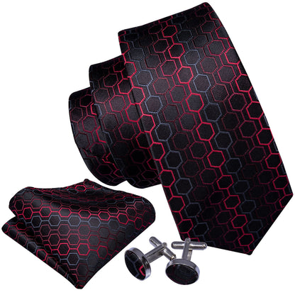 Black Red Geometric Plaid Silk Tie, Pocket Square and Cufflinks Set tie sets    - Sophisticated Gentlemen