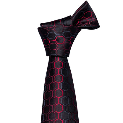 Black Red Geometric Plaid Silk Tie, Pocket Square and Cufflinks Set tie sets    - Sophisticated Gentlemen