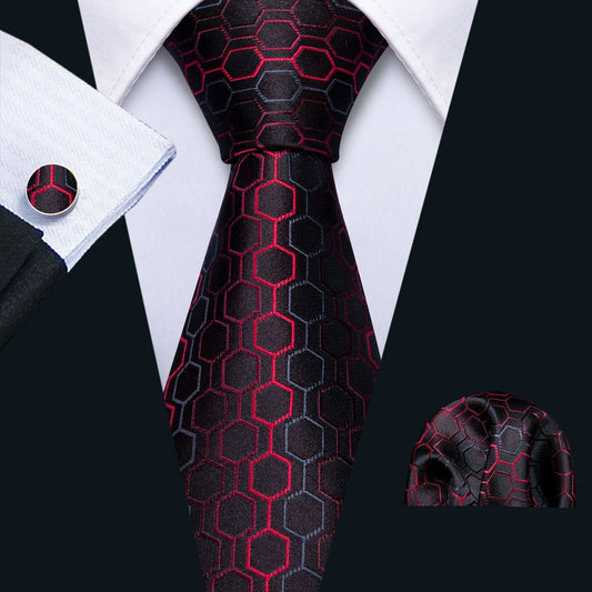 Black Red Geometric Plaid Silk Tie, Pocket Square and Cufflinks Set with Brooch tie sets    - Sophisticated Gentlemen