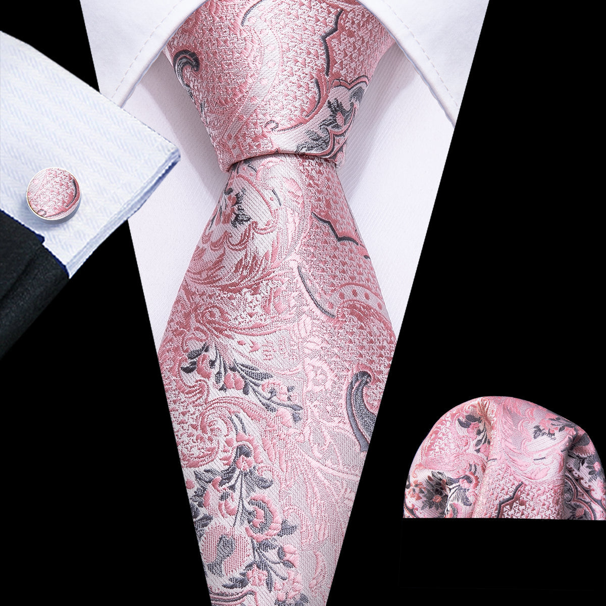 Silver Pink Paisley Floral Silk Tie, Pocket Square and Cufflinks Set tie sets    - Sophisticated Gentlemen