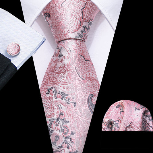 Silver Pink Paisley Floral Silk Tie, Pocket Square and Cufflinks Set tie sets    - Sophisticated Gentlemen