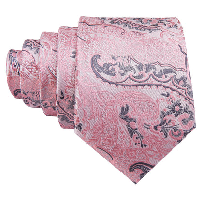 Silver Pink Paisley Floral Silk Tie, Pocket Square and Cufflinks Set tie sets    - Sophisticated Gentlemen