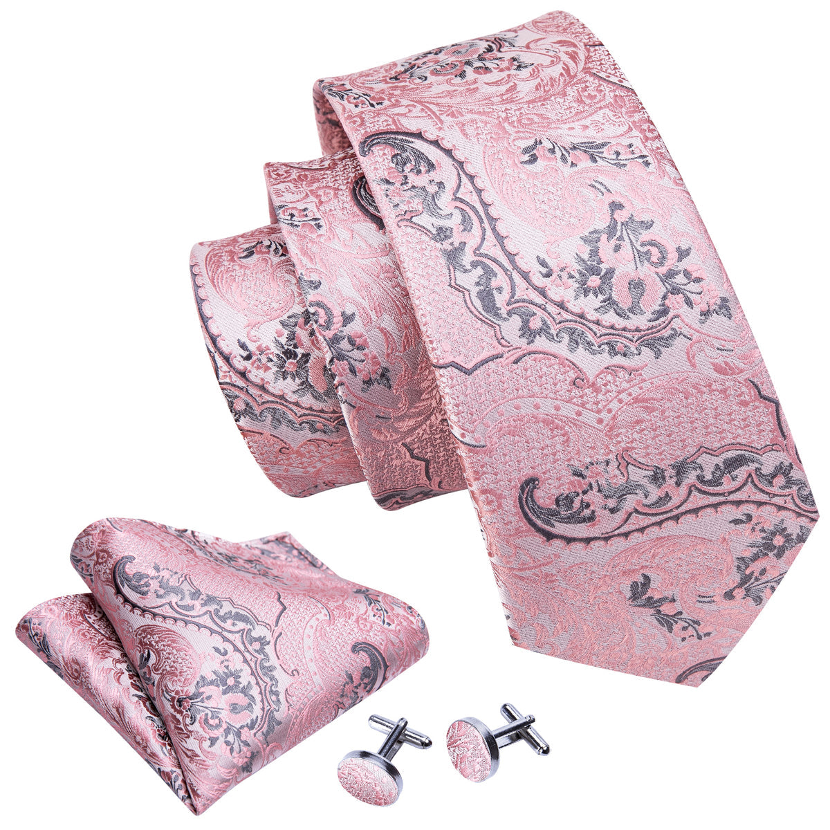 Silver Pink Paisley Floral Silk Tie, Pocket Square and Cufflinks Set tie sets    - Sophisticated Gentlemen