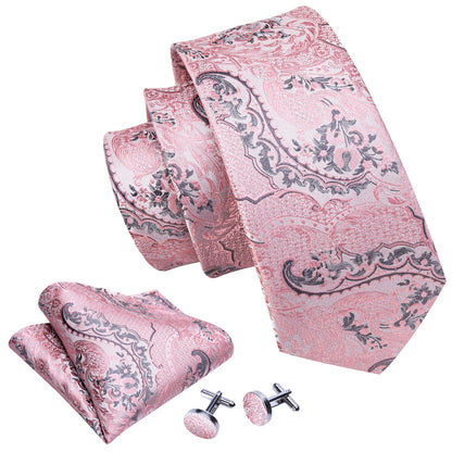Silver Pink Paisley Floral Silk Tie, Pocket Square and Cufflinks Set tie sets    - Sophisticated Gentlemen