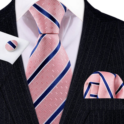 Coral Pink Blue Stripes Tie, Pocket Square and Cufflinks Set tie sets    - Sophisticated Gentlemen