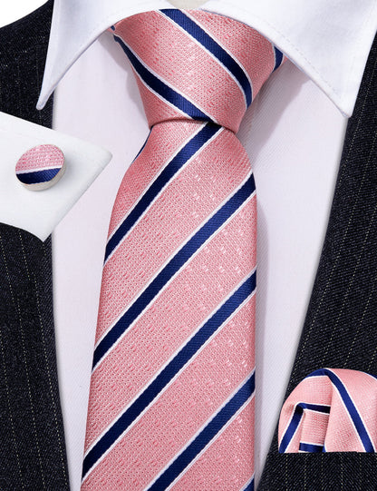 Coral Pink Blue Stripes Tie, Pocket Square and Cufflinks Set tie sets    - Sophisticated Gentlemen