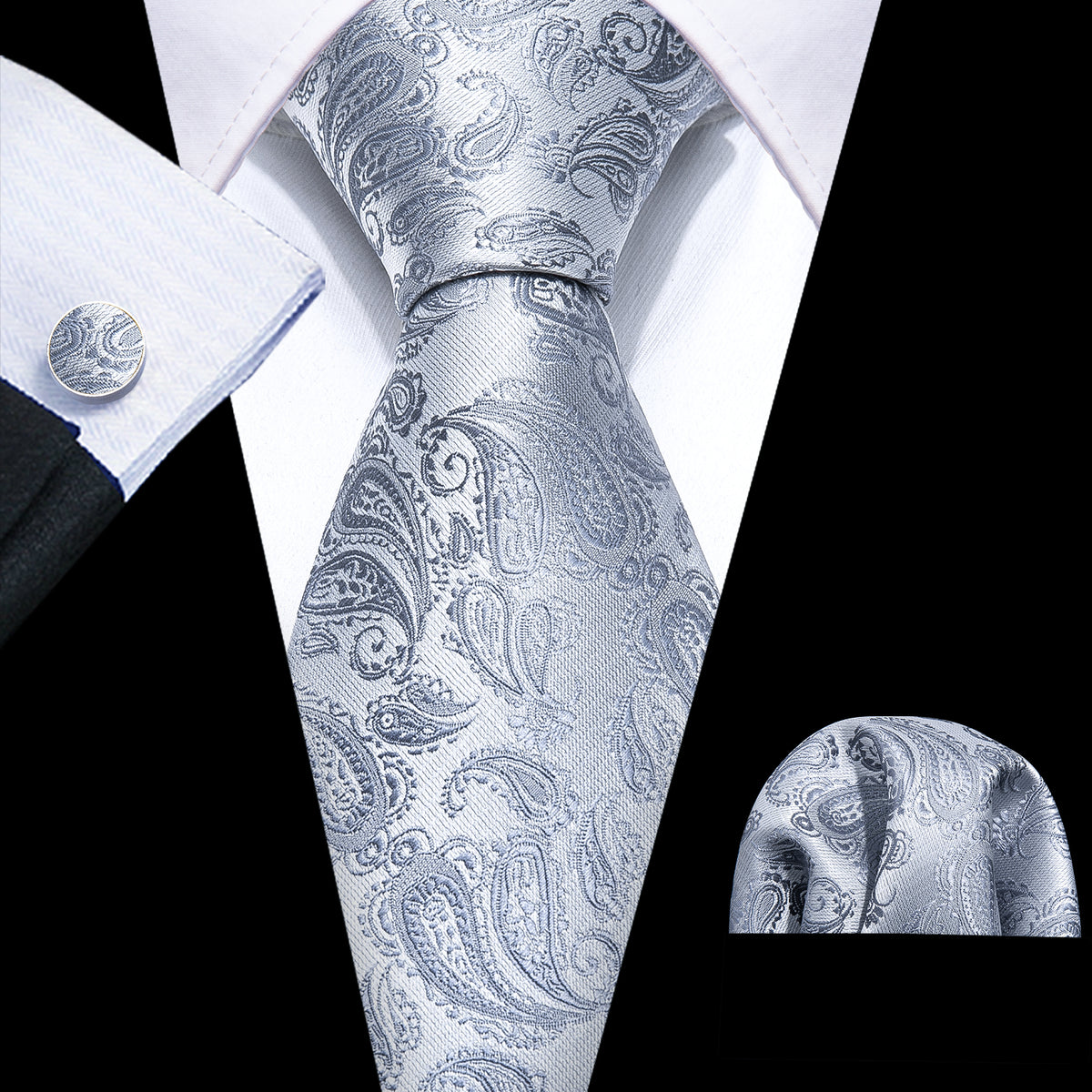 Silver Paisley Tie, Pocket Square and Cufflinks Set tie sets    - Sophisticated Gentlemen