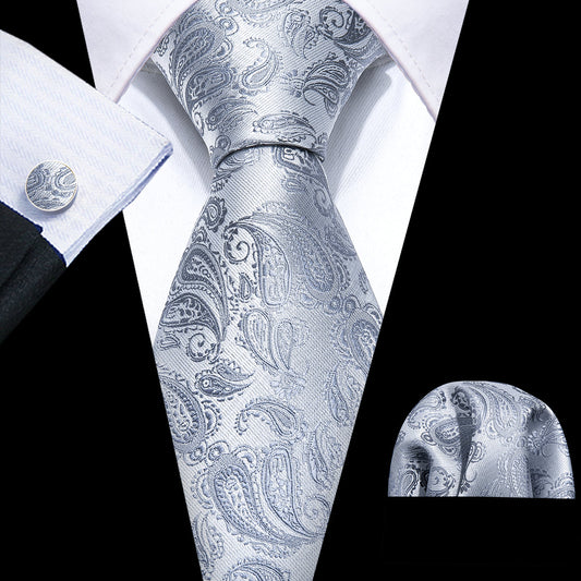Silver Paisley Tie, Pocket Square and Cufflinks Set tie sets    - Sophisticated Gentlemen