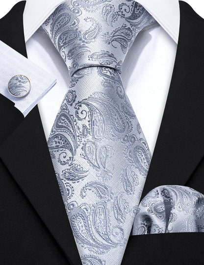 Silver Paisley Tie, Pocket Square and Cufflinks Set tie sets    - Sophisticated Gentlemen