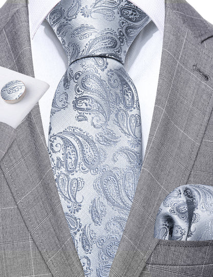 Silver Paisley Tie, Pocket Square and Cufflinks Set tie sets    - Sophisticated Gentlemen