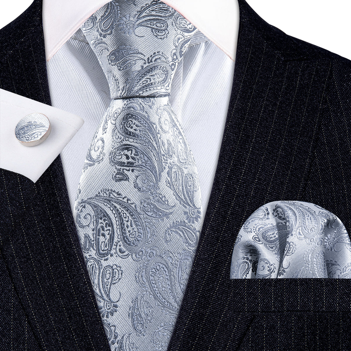 Silver Paisley Tie, Pocket Square and Cufflinks Set tie sets    - Sophisticated Gentlemen
