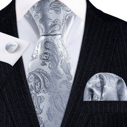 Silver Paisley Tie, Pocket Square and Cufflinks Set tie sets    - Sophisticated Gentlemen