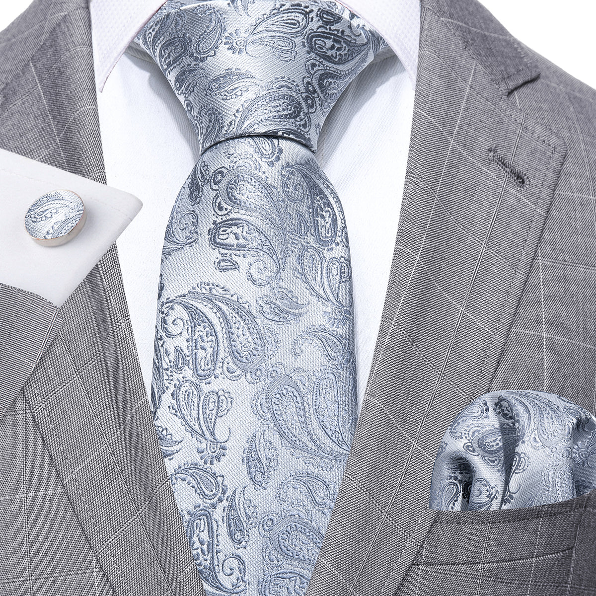 Silver Paisley Tie, Pocket Square and Cufflinks Set tie sets    - Sophisticated Gentlemen