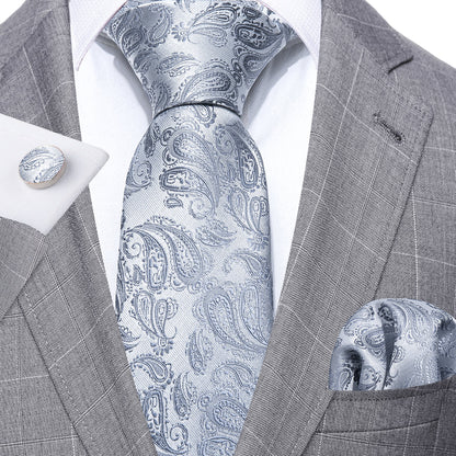 Silver Paisley Tie, Pocket Square and Cufflinks Set tie sets    - Sophisticated Gentlemen