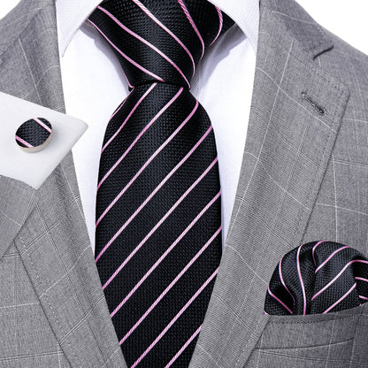 Black Pink Striped Silk Tie, Pocket Square and Cufflinks Set tie sets    - Sophisticated Gentlemen