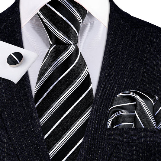 Black White Striped Paisley Tie, Pocket Square and Cufflinks Set tie sets    - Sophisticated Gentlemen