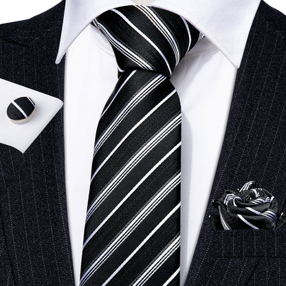 Black White Striped Paisley Tie, Pocket Square and Cufflinks Set tie sets    - Sophisticated Gentlemen