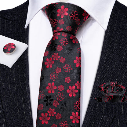 Black Red Flower Silk Tie, Pocket Square and Cufflinks Set tie sets    - Sophisticated Gentlemen