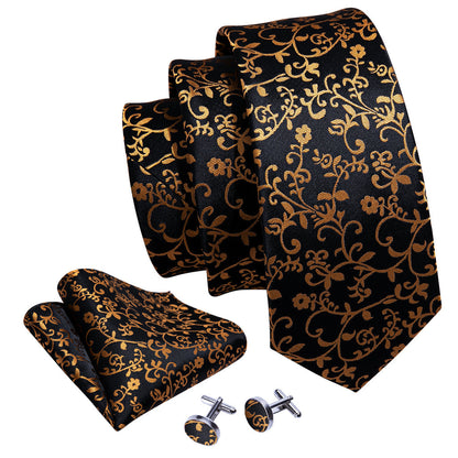 Black Gold Floral Silk Tie, Pocket Square and Cufflinks Set tie sets    - Sophisticated Gentlemen