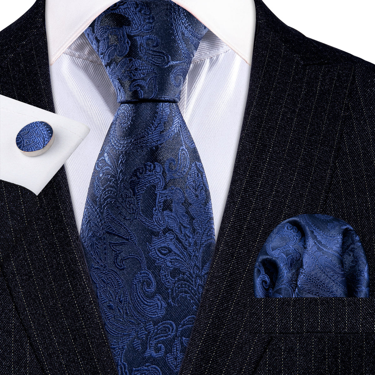 Navy Floral Silk Tie, Pocket Square, and Cufflinks Set tie sets    - Sophisticated Gentlemen