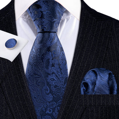 Navy Floral Silk Tie, Pocket Square, and Cufflinks Set tie sets    - Sophisticated Gentlemen