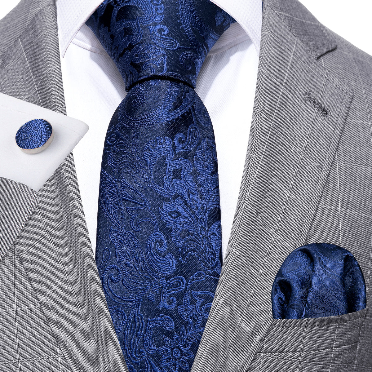 Navy Floral Silk Tie, Pocket Square, and Cufflinks Set tie sets    - Sophisticated Gentlemen