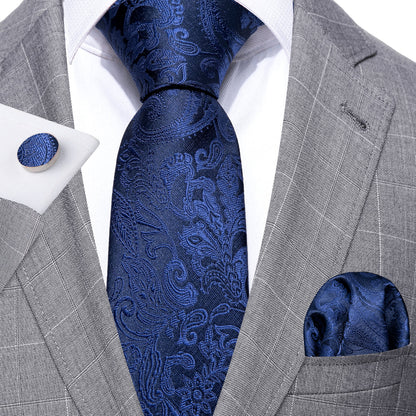 Navy Floral Silk Tie, Pocket Square, and Cufflinks Set tie sets    - Sophisticated Gentlemen