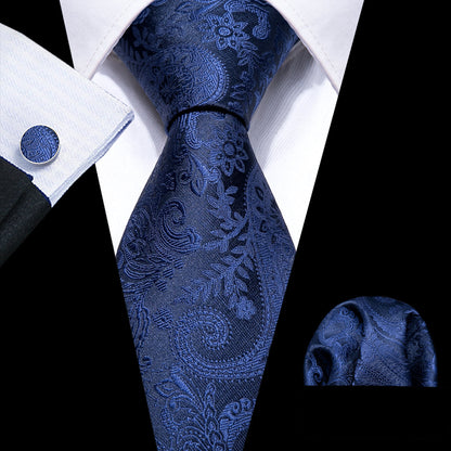 Navy Floral Silk Tie, Pocket Square, and Cufflinks Set tie sets    - Sophisticated Gentlemen