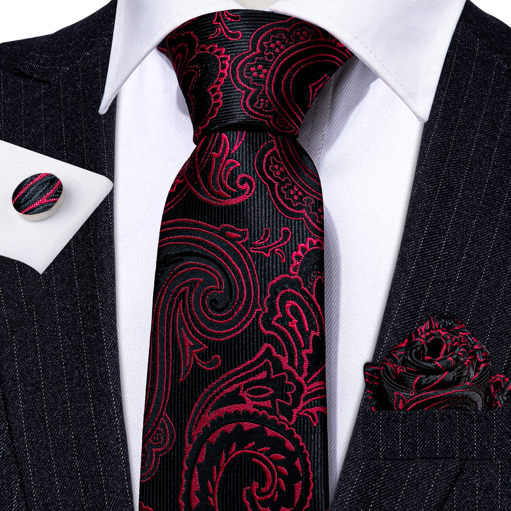 Red Black Paisley Silk Tie, Pocket Square and Cufflinks Set tie sets    - Sophisticated Gentlemen