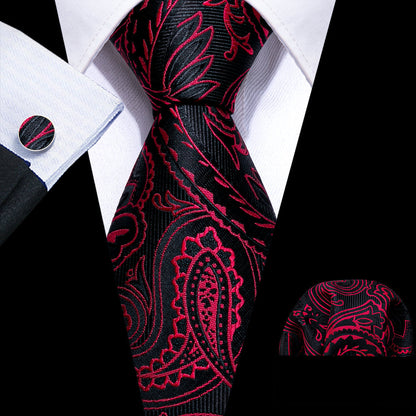 Red Black Paisley Silk Tie, Pocket Square and Cufflinks Set tie sets    - Sophisticated Gentlemen