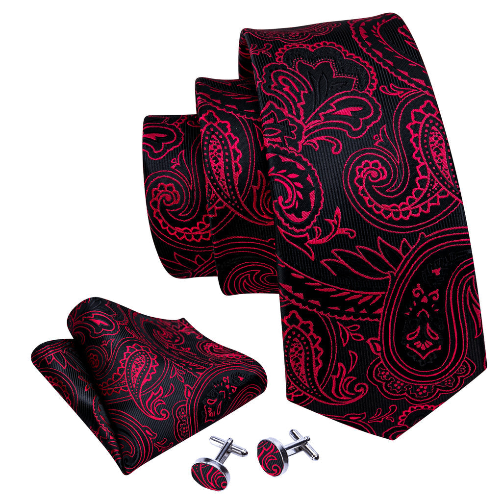 Red Black Paisley Silk Tie, Pocket Square and Cufflinks Set tie sets    - Sophisticated Gentlemen