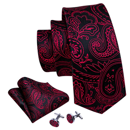 Red Black Paisley Silk Tie, Pocket Square and Cufflinks Set tie sets    - Sophisticated Gentlemen