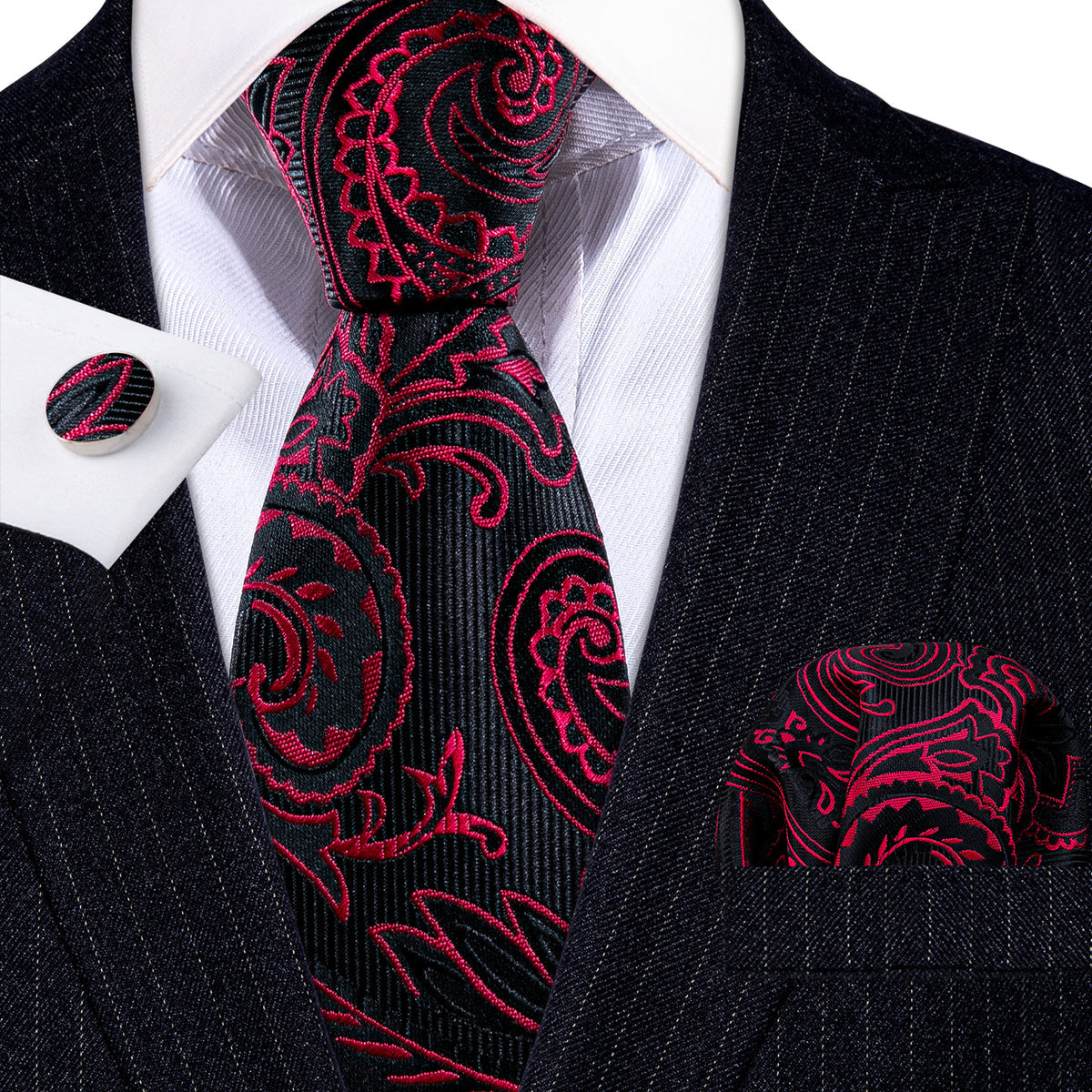 Red Black Paisley Silk Tie, Pocket Square and Cufflinks Set tie sets    - Sophisticated Gentlemen